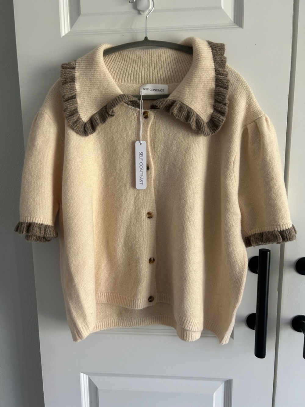 Self Contrast Cream Short Sleeve Knit Cardigan with Brown Trim 2X - Picture 2 of 7